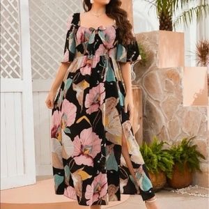 Plus Floral Tropical Print Butterfly Sleeve Maxi Dress